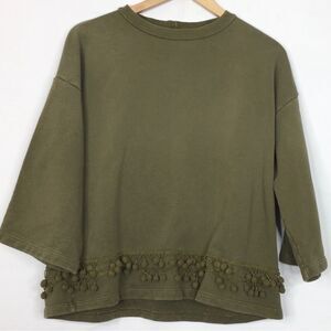 Current/Elliott Olive Sweater with Pom-Pom Detail size 3, which equals a large